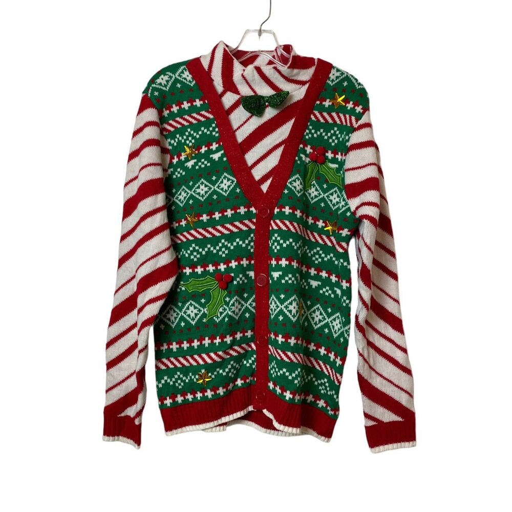 33 Degrees Christmas Sweater Size M Unisex Vest Bow Tie Mock Neck  Red Green